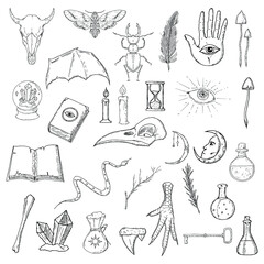 Set of occult elements. Vector cartoon illustrations. Isolated objects on a white background. Hand-drawn style.