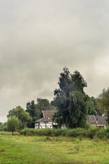 Old half-timbered farmhouse in a lush landscape with grassland and trees under a cloudy sky.