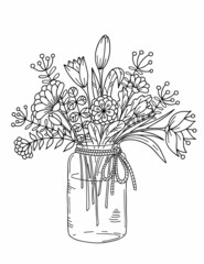 A glass jar with a bouquet of meadow flowers, for coloring. Black and white vector illustration, coloring book.