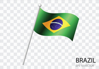 Flag of BRAZIL with flag pole waving in wind.Vector illustration