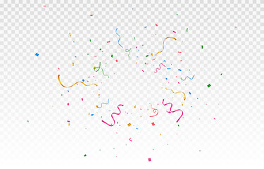 Vector confetti png. Explosion of multi-colored confetti, clapperboard. Confetti, streamer, tinsel on a transparent background. Holiday, birthday. - obrazy, fototapety, plakaty