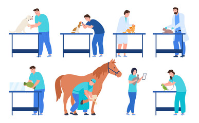 Professional veterinarians set vector flat illustration man and woman doctors examining animals