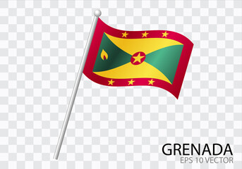 Flag of GRENADA with flag pole waving in wind.Vector illustration