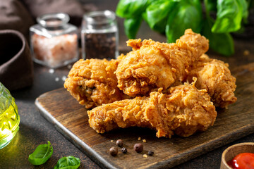 Fried crispy chicken legs in breadcrumbs on a wooden serving board on a dark background. Fast food...