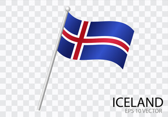 Flag of ICELAND with flag pole waving in wind.Vector illustration
