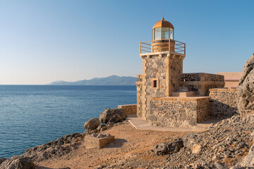 Fototapeta na wymiar Lighthouse outside the wall of Monemvasia, Greece