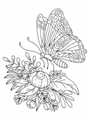 Butterfly on a bouquet of flowers and herbs, for coloring. Black and white vector illustration, coloring book.