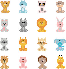 A large sA large set of funny stuffed animals in a cartoon style. Different animals isolated on a white background. Emotional animals.et of funny stuffed animals in a cartoon style.