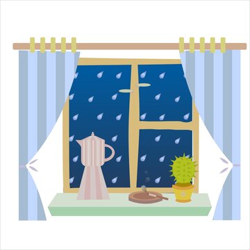 vector image of a succulent, a coffee pot and a cigarette on a windowsill. Image of cozy rany evening spent at home  with a view on a rain. 