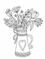 A decanter tied with a ribbon with a bouquet of spring wildflowers. Black and white vector illustration, coloring book.