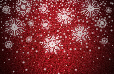 Christmas illustration with white snowflakwes on red glittering background