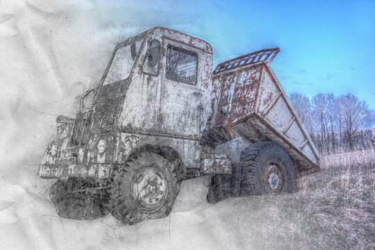 Old abandoned rusty truck in a meadow. HDR photography. Collage of classic photograph and charcoal or graphite drawing.