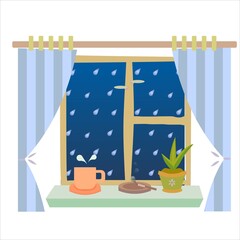 vector image of a succulent, a cup and a cigarette on a windowsill. Image of cozy rany evening spent at home  with a view on a rain. 