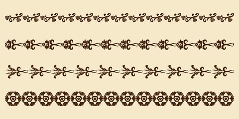 Obraz premium Vector set of ornaments borders in vintage style. Patterned lace frames for design. Brown and beige. Damask patterns. Computer graphics.
