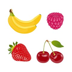 Cartoon icon with set fruits isolated white on white background. Flat closeup of set fruits isolated  on white background for concept design. Vector icon design element. Vector set.