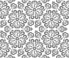 Gray oriental ornament seamless pattern. Rich damask pattern background. Gray, white color. Decorative texture. Mehndi patterns.  For fabric, wallpaper, packaging.