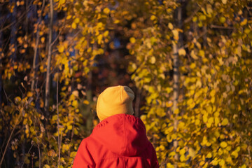A woman in a yellow hat and red jacket stands with her back, trees with yellow foliage are around. Bright autumn, fall outdoor concept.
