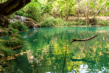 Mountain waterfall and lake at polilimnio, Messinia, Greece