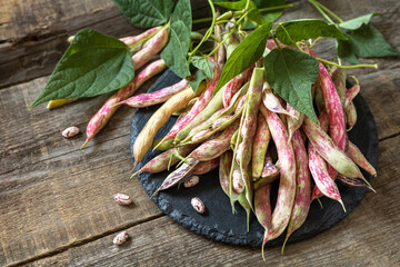 Beans of bean, brown bean (of dried beans) bunch harvest on a rustic table. Food background. Copy space.