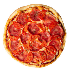 Isolated fresh baked pizza with ham and tomatoes on white background