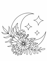 A month with the stars and a bouquet of flowers, a magical illustration for coloring. Black and white vector illustration, coloring book.