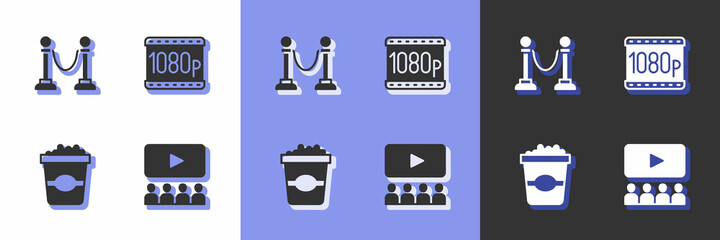 Set Cinema auditorium with screen, Rope barrier, Popcorn cardboard box and Full HD 1080p icon. Vector