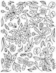 A white leaf filled with flowers, branches, leaves and herbs. Black and white vector illustration, coloring book.