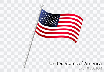 Flag of United States of America with flag pole waving in wind.Vector illustration