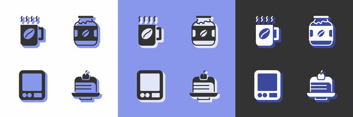 Set Piece of cake, Coffee cup, Electronic coffee scales and jar bottle icon. Vector