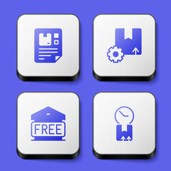 Set Waybill, Gear with package box, Free storage and Cardboard clock icon. White square button. Vector