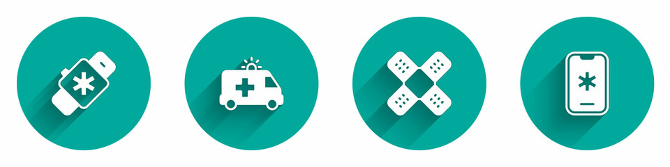 Obraz premium Set Smart watch with heart, Ambulance car, Crossed bandage plaster and Emergency call 911 icon with long shadow. Vector