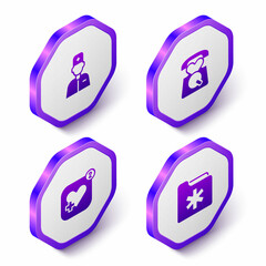 Set Isometric Male doctor, Emergency call 911, Mobile with heart rate and Medical health record folder icon. Purple hexagon button. Vector