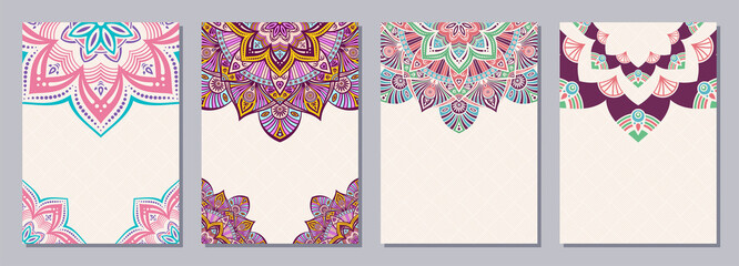Set of four color cards or flyers with ethnic mandala ornament. Abstract mandala design. Decorative colorful pattern with ornate texture, tribal ethnic oriental motif. Vector layout design.