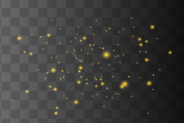 Yellow sparks glitter special light effect. Vector sparkles on transparent background. Christmas abstract pattern. Sparkling magic dust particles