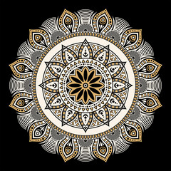Mandala. Decorative round ornament. Isolated on black background. Arabic, Indian, ottoman motifs. For cards, invitations, t-shirts. Vector color illustration.
