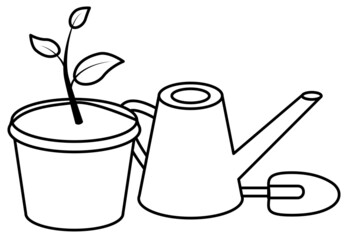 Seedling vector black line illustration of home plant in pot with watering can and small shovel isolated on white. 