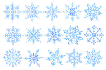 Watercolor illustration. Set of winter snowflakes on a white background. Christmas decor.