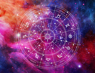 Astrology horoscope icon zodiac circle in the middle of colorful galaxy wallpaper. Sign for decoration, stationery, design element.