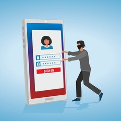 Identity, log in theft. Online crime. Disguised man steeling username and password. Vector illustration. EPS10.