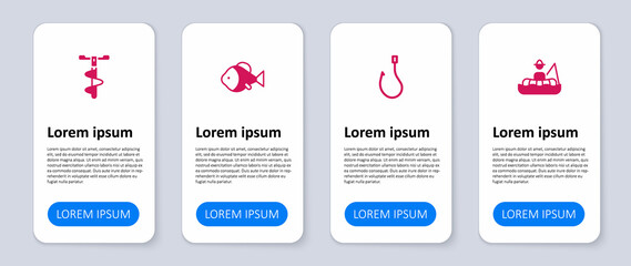 Set Fisherman in boat, Fishing hook, and Hand ice drill. Business infographic template. Vector
