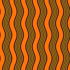 Bright colors vertical wavy stripes vector seamless pattern. Vibrant repeated lines, wavy flow color background. Dynamic movement of waves, curve stripes. Orange, brown, yellow colors.