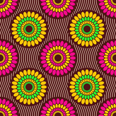 Fototapeta na wymiar Seamless african fashion vector pattern with circles. Round shapes, wavy lines. Bright, vibrant colors. Color illustration.