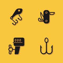 Set Fishing lure, hook, Outboard boat motor and Swiss army knife icon with long shadow. Vector