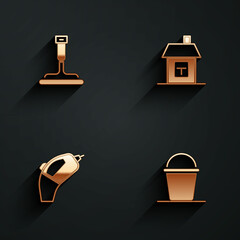 Set Rubber cleaner for windows, House, Portable vacuum and Bucket icon with long shadow. Vector