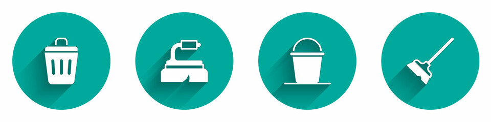 Set Trash can, Brush for cleaning, Bucket and Mop icon with long shadow. Vector