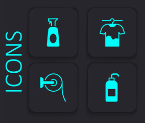 Set Antibacterial soap, Cleaning spray with detergent, Drying clothes and Toilet paper roll icon. Black square button. Vector