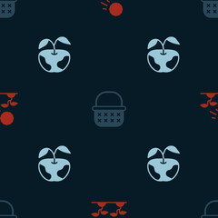 Set Plant sprouts grow in the sun, Wicker basket and Apple on seamless pattern. Vector