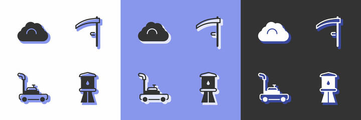 Set Water tower, Cloudy weather, Lawn mower and Scythe icon. Vector