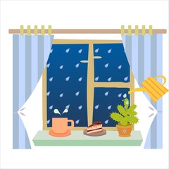 vector image of a succulent with a watering can, a cup and a cake on a windowsill. Image of cozy rany evening spent at home  with a view on a rain.  
