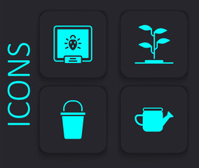 Set Watering can, Colorado beetle, Sprout and Bucket icon. Black square button. Vector
